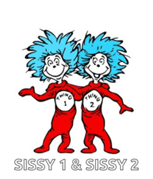 sissy 1 and sissy 2 standing next to each other on a white background
