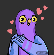 a cartoon drawing of a purple pigeon with hearts around him