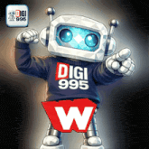 a robot wearing a sweater that says digi 995 on it