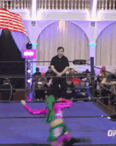 a woman in a pink and green outfit is wrestling in a ring that says wrestling up on the bottom