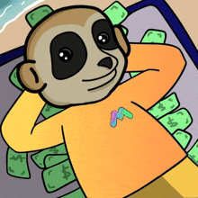 a cartoon of a monkey laying on a pile of dollar bills