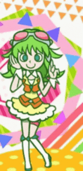 a cartoon girl with green hair and sunglasses is giving a peace sign .