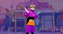 a man in a purple outfit is standing in front of a store that says titi me pronto