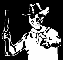 a skeleton wearing a cowboy hat and tie is holding a gun