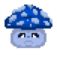 a pixel art illustration of a blue mushroom with a sad face