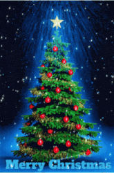 a merry christmas card with a christmas tree in the foreground