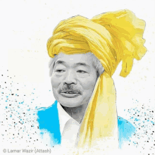 a black and white drawing of a man wearing a yellow turban