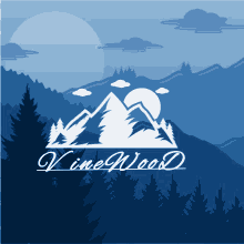 a logo for vinewood shows mountains and trees