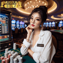 a woman wearing glasses and a white shirt that says casino on it