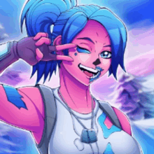 a cartoon of a girl with blue hair and a dog tag on her neck