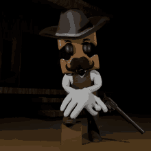 a cartoon character with a cowboy hat and mustache holds a gun