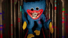 a blue teddy bear with big teeth is standing in a dark hallway .