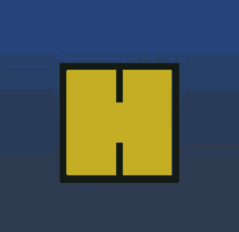 a yellow and black square with the letter h inside of it