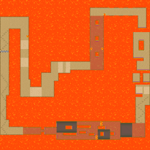 a map of a video game with orange walls and a yellow arrow pointing to the left