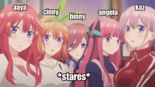 a group of anime girls with the names cinny binny and angela on their faces
