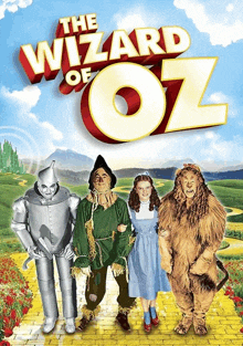 a poster for the wizard of oz shows a group of characters standing on a yellow brick road