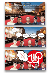 a group of men are standing on a red carpet with speech bubbles and a cup logo in the middle