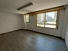 an empty room with a large window looking out to a park