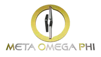 a logo for meta omega phi with a gold circle in the middle