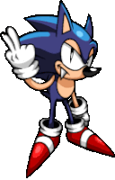 a pixel art drawing of sonic the hedgehog giving a peace sign