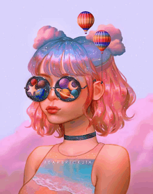 a painting of a girl wearing sunglasses with planets reflected