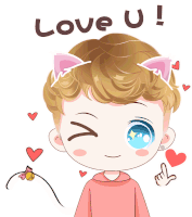 a boy with cat ears and the words love u on top of him