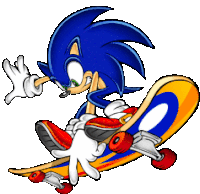 a cartoon of sonic the hedgehog riding a skateboard on a white background