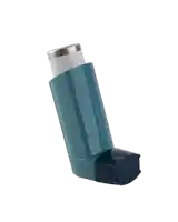 a blue inhaler with a black base and a silver cap