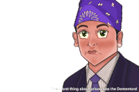 a cartoon of a man wearing a purple bandana with the words the worst thing about prison was the dementors below him