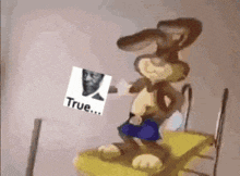 a cartoon rabbit is holding a sign that says `` true '' .