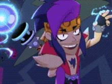 a cartoon character with a purple hat is holding a sword .