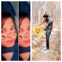 a girl with hello kitty painted on her face and a man pointing