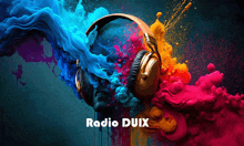 a poster for radio duix with headphones and smoke