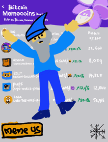 a drawing of a wizard holding a coin with the words bitcoin memecoins on the top
