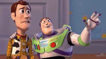 woody and buzz lightyear are standing next to each other in a room .