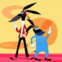 two cartoon characters standing next to each other with one wearing a mask