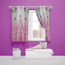 a window with a purple wall and pink curtains with flowers on them