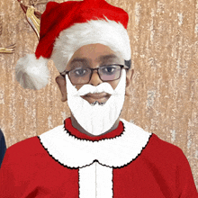 a man wearing glasses and a santa hat has a fake beard on his face