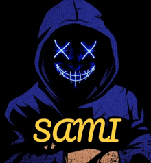 a person in a hoodie with a neon face and the name sami