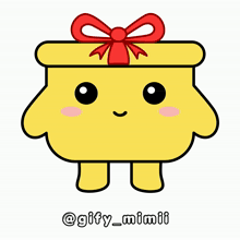 a cartoon drawing of a yellow object with a red bow