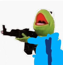 a kermit the frog is holding a gun with a blue silhouette behind him