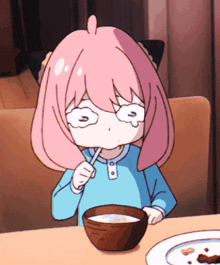 a cartoon girl with pink hair is eating from a bowl