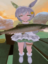 a cartoon girl is holding a large fish in her hand