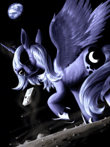 a purple pony with wings and a crescent moon on its back is running on the moon