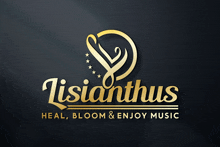 a gold logo for lisianthus that says heal bloom and enjoy music