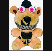 a teddy bear with pink eyes and sharp teeth is sitting on a white background .