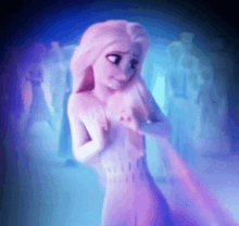 a naked elsa from frozen is standing in a dark room with a group of people in the background .