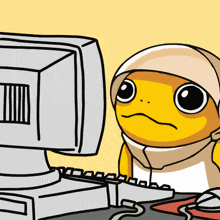 a cartoon of a yellow lizard wearing a hijab looking at a computer monitor