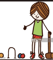 a cartoon illustration of a boy playing croquet with a mallet and balls .