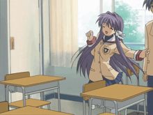 a girl with purple hair is standing in front of a classroom